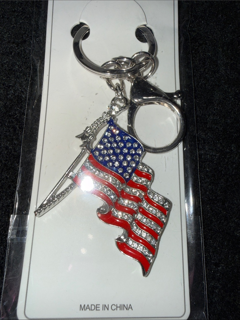 American Flag Rhinestone Key & Card Holder Charm - Silver, Red & Blue